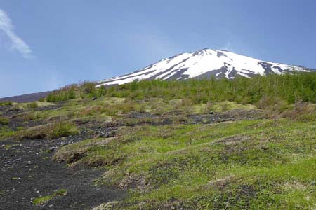 まぼろしの滝と小富士・見上げる富士山は雪解けが進み