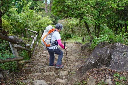 日の出山から金毘羅尾根・急な石の階段を下り