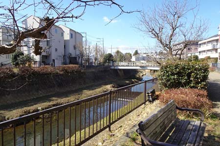 横浜市戸塚区・流れに沿って遊歩道が続きます