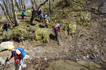 長七郎山・急な斜面を下りに渡渉