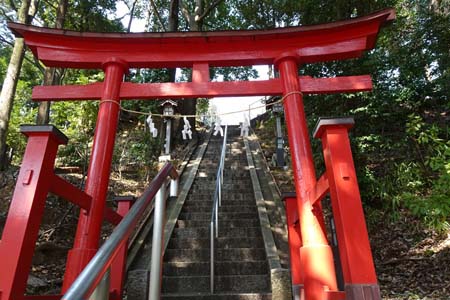横浜市都筑区・茅ヶ崎杉山神社の赤い鳥居先に石段