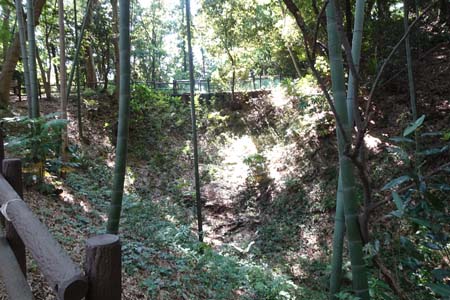 横浜市港北区・小机城の本丸を取り囲む空堀と土橋