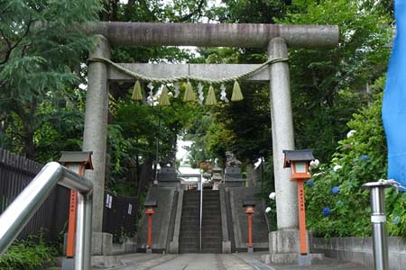 東京都世田谷区・瀬田玉川神社の石段上に鳥居