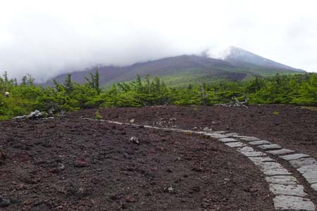 富士山お中道・雲が舞い上がる富士山の山頂