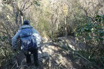 三浦アルプスの急坂に固定ロープ